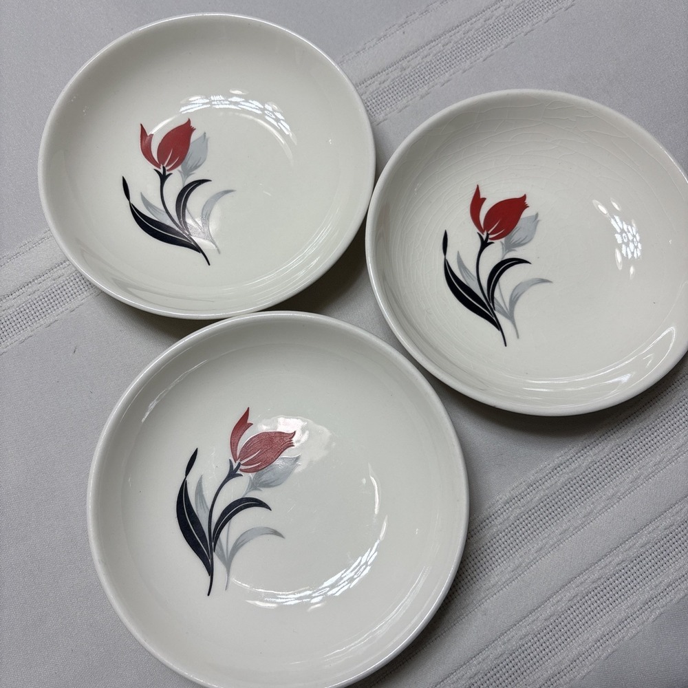 VTG Harmony House China Starfire 3 Berry Bowls Bright Red Flower ovenproof 40s